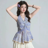 Summer Sexy Sister Wind Hanging Neck Tuxed Back Twistry Tucked Tucking Blouse Tucking Shirt