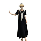 Lace Stitching Black And White Crash Fake Cape Navy Dress Women's Summer French College Style Loose A-Word Dress