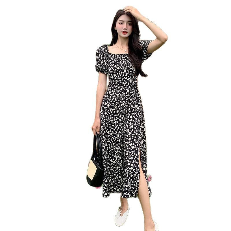 French Floral Dress Women's Summer New High-Rise Thin Open Fork Senior Sense Tea Break Long Skirt