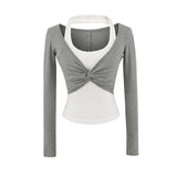 Hottie Wind Hanging Neck Color Fake Two Long-Sleeved T-Shirt Girl Design Tight Sex Sexy Bottom Short Top