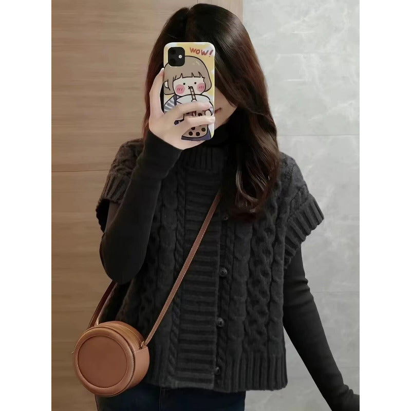 LEKA Senior Sense Shoulder Cardigan Knitted Vest Women's Autumn And Winter New Design Feel Chic Sleeveless Top