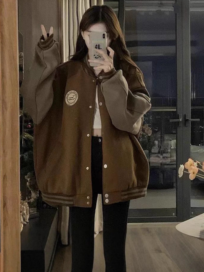 Lazy Style Baseball Uniform Women's Spring And Autumn Winter Warm Retro Leisure Sweater Women's Clothing Tide