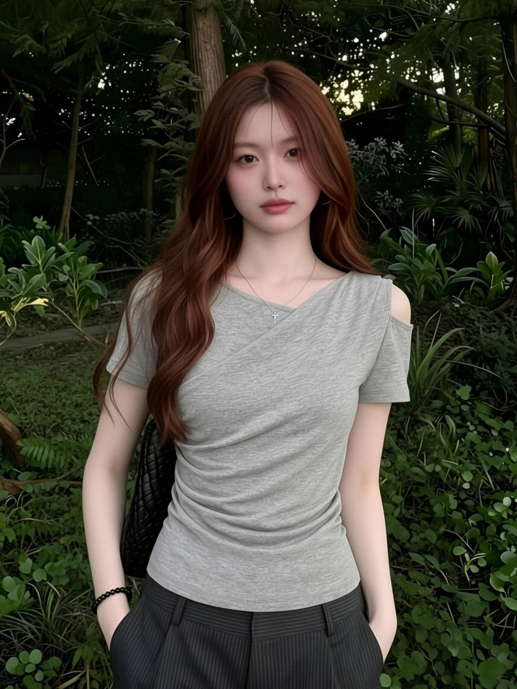 Korean Double Gray Shoulder Design Embossed Short-Sleeved T-Shirt Women's Oblique Shoulder