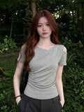 Korean Double Gray Shoulder Design Embossed Short-Sleeved T-Shirt Women's Oblique Shoulder