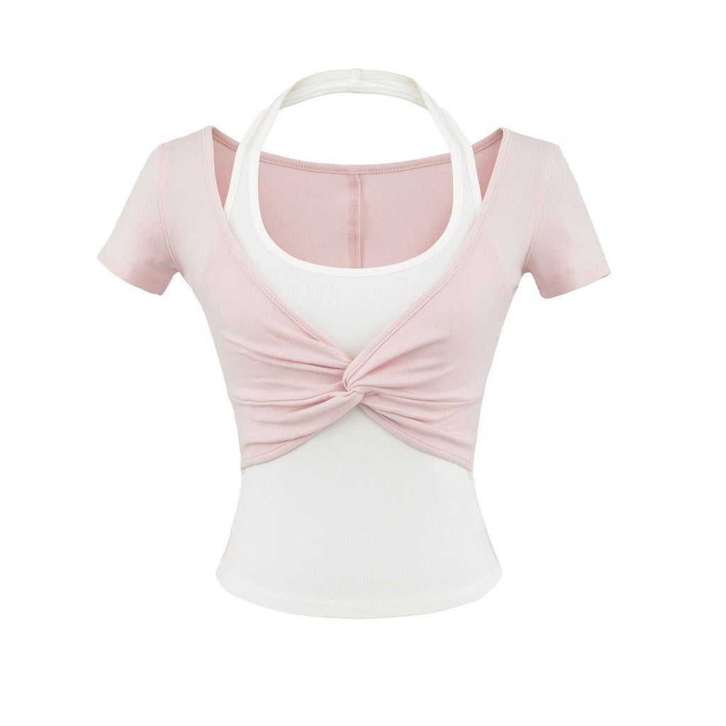 Summer New Fake Two Short-Sleeved Neck Bumper T-Shirt Top