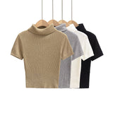 Sweet Sister Atmosphere High Collar Bottom Knitted Shirt Women With Short Sleeves Tight Short Coat Short Waist