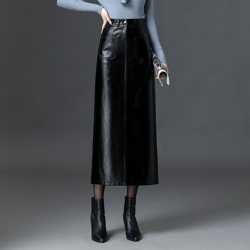 2025 Autumn And Winter High-Rise Straight Body Half Dress Female Version Of Fashion Large Size PU Leather Skirts Thin Dress