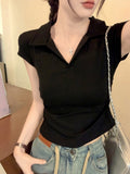 Hottie Sexy Slimming Shoulder T-Shirt Girl Short Sleeve Design Irregular Folds Short Polo Shirt Top
