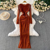 Cummel Senior Sentender Diamond Long Sleeve Dress Women's Autumn Netɴ Ribbon-Repair Elegant Dress