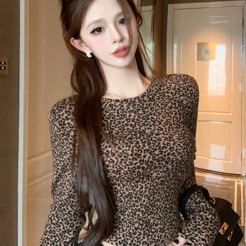 1*1 Threaded Leopard-Print Long-Sleeved T-Shirt Girl Autumn And Winter Hottie Sexy Short Shirt
