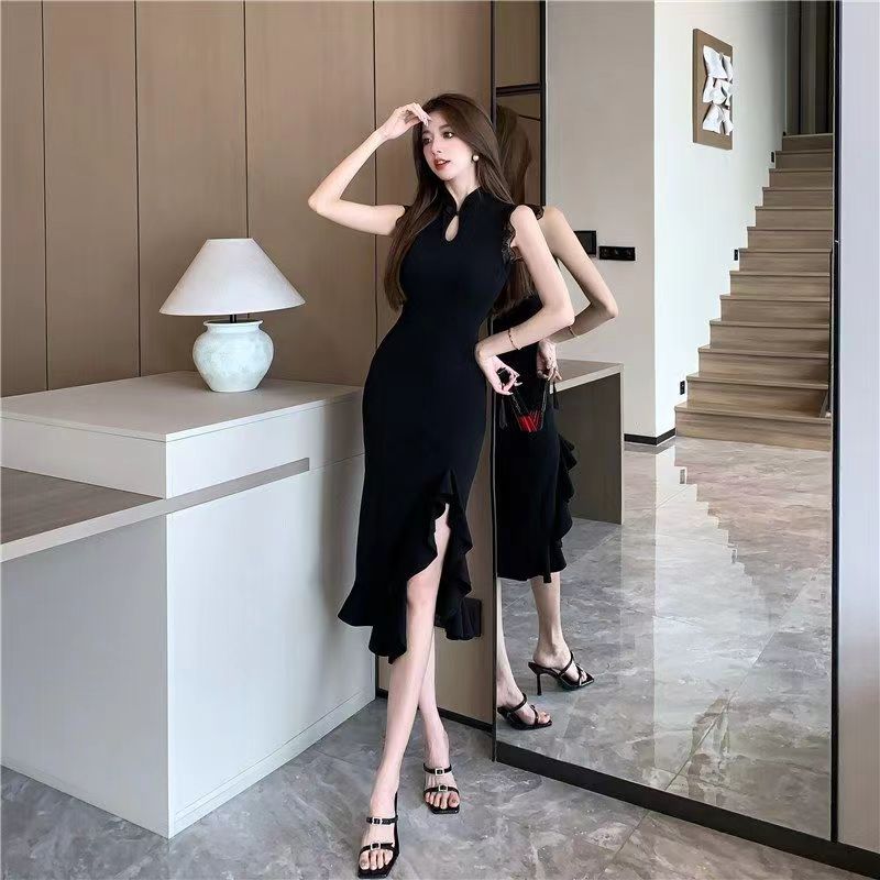 2025 New Chinese Young Lotus Leaf Side Boiling Water Drop Lace Temperament Sexy Sleeveless Cheongsam Dress