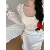 Fashion Design Sense Niche Lace Hollow Long-Sleeved T-Shirt Girls Autumn Winter Repair Outside The Sexy Hottie Clothes