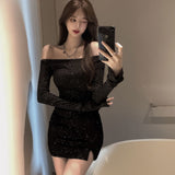 Pure Net Red Sexy Hot Girl Glitter Tight Bodybred Ass Small Black Dress Long Sleeve Open Wrinkles Dress Girl