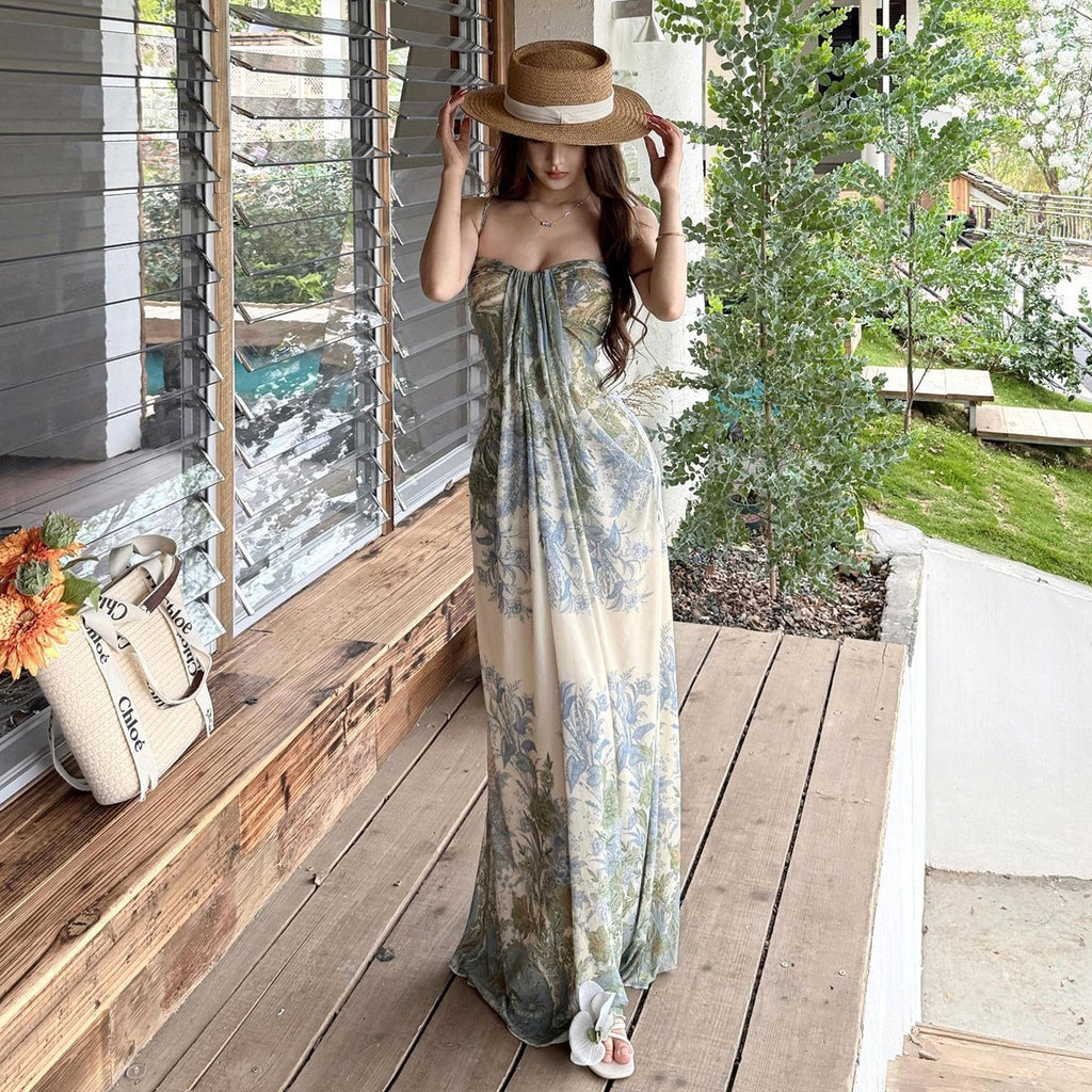 Sexy Beautiful Slings Print Bareback Dress Female Summer Temperament Thin Seaside Wind Bag Hip Dress Long
