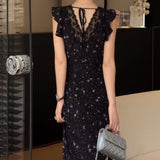 Black Lace Spliced Broken Floral Dress 2025 Summer Holiday Style French Temperament Unique Beautiful Threotier