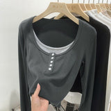 Large-Size Women's Fat Mm Fake Two-Piece Top Bottom Shirt Autumn New Design Small Long-Sleeved T-Shirt Girl