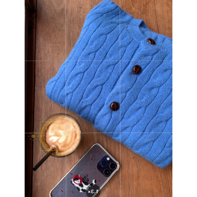 3.11/New In Spring XUAN XIAO JIE Solid Blue Knitted Shirt Woman