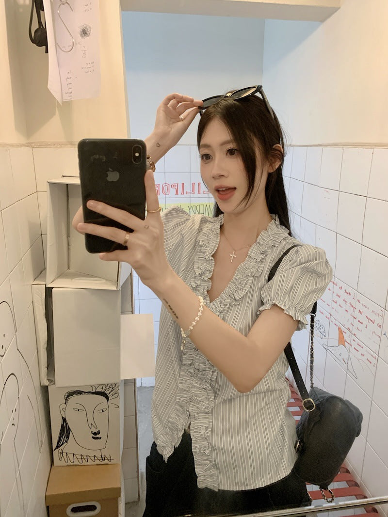 Designing A Blue Wood Ear Striped Soaked Women Summer Niche Age-Down V-Neck Collar Thringing Thin Short Sleeve Top