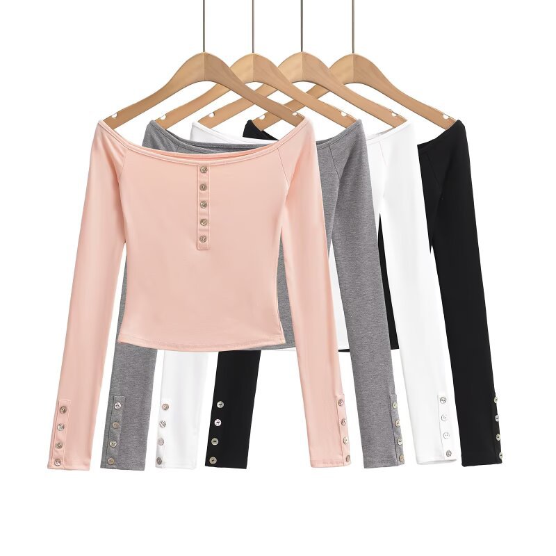 Pure-Style Hottie Button Word Shoulder Long-Sleeved T-Shirt Short Note Collared Sexy Bottom Shirt Wear