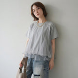 Multiplication A Large Number Of Light Retro Mesh Splicing T-Shirt Women Round Collar Three-Dimensional Design Commuting Level Sense On The Sense Of The Level