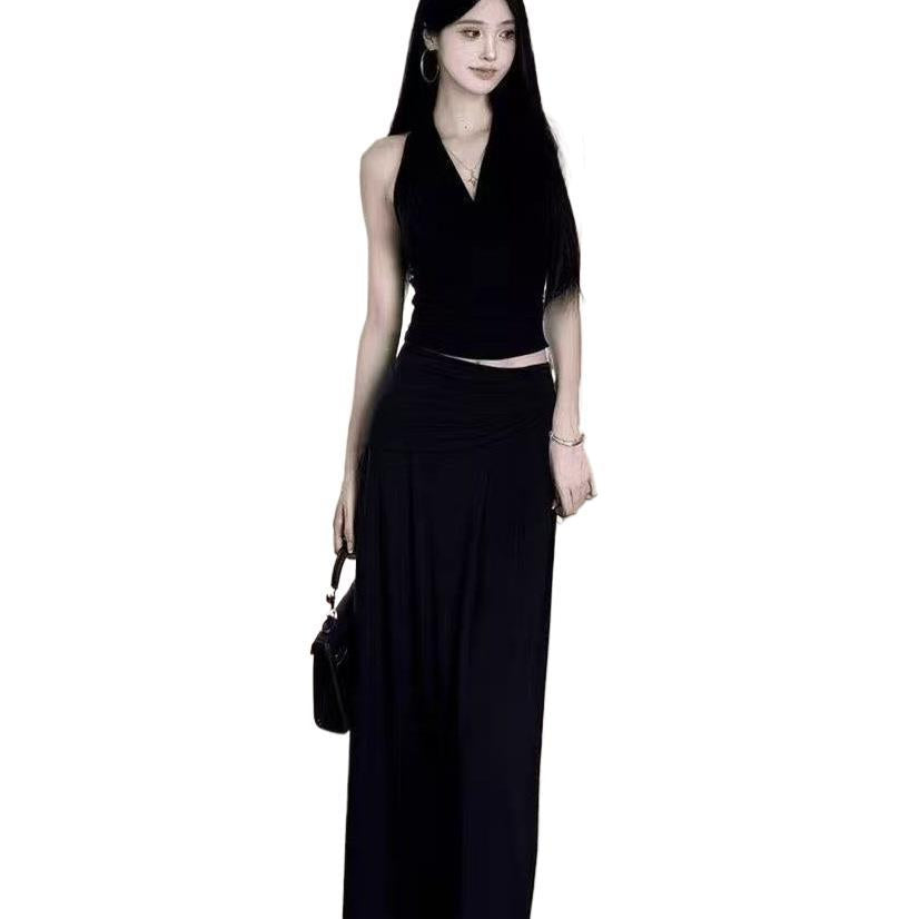 Summer Folded Vest V-Neck Top + Dating Solid-Colored Ass Hip Skirt Long Dress