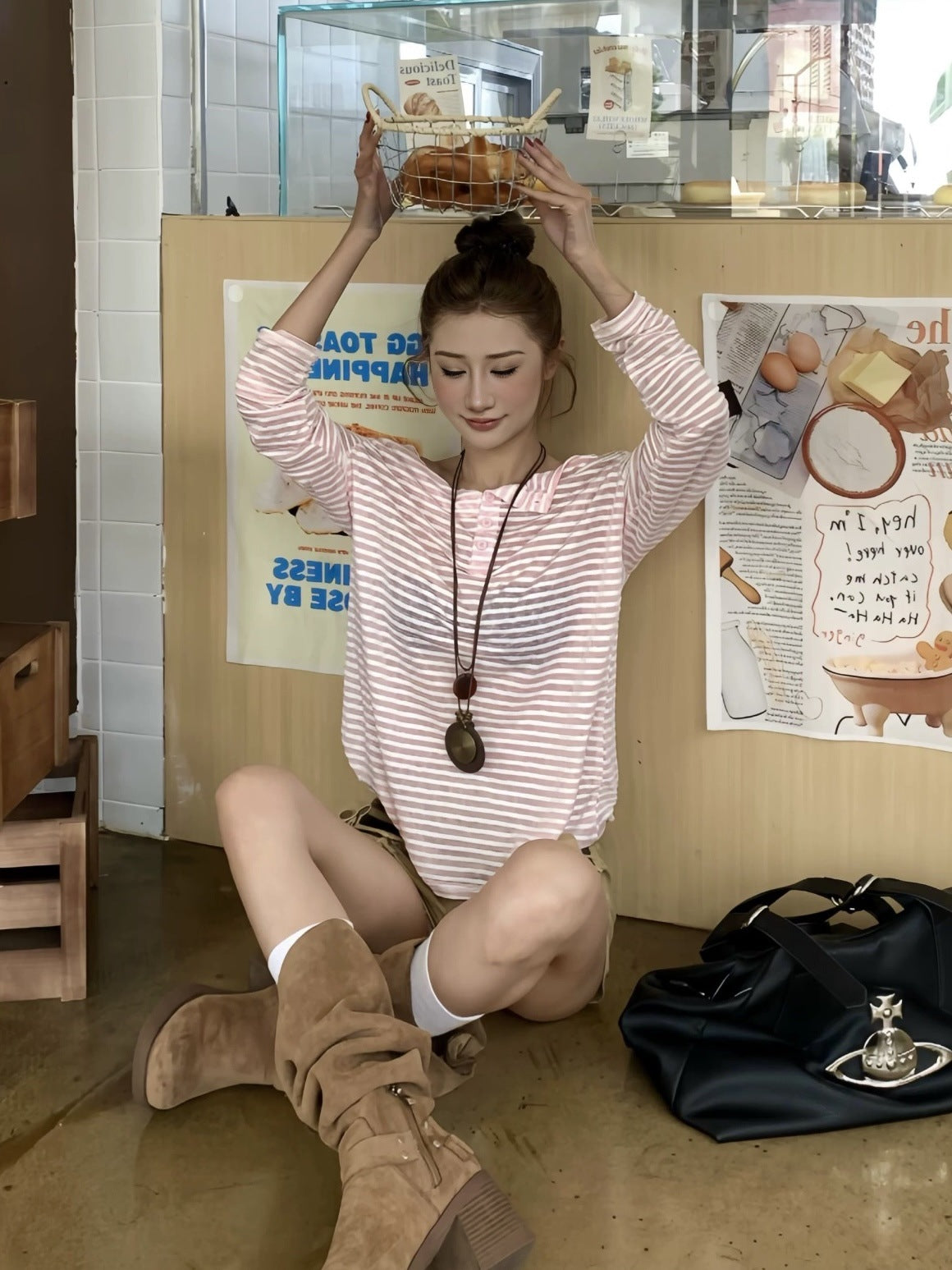 Lazy Wind Design Small Stripe Shoulder Long-Sleeved T-Shirt 2026 Women's Summer Sunscreen Loose Top