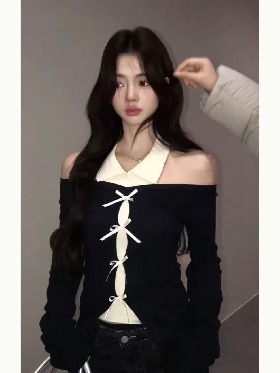 Pure Babes Spliced Bow Knitted Women's Autumn Design Slim Slimming Bottom Shirt Inside The Top