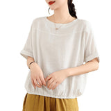 2026 Summer New Cotton Literature Retro Loose Round-Neck Chinese Style Tea Shirt Blouse