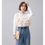 Multiplication A Large Number Of Goods Spring And Autumn And Winter New Women's Long Sleeve Heavy Industry Splicing Lotus Leaf Side Long Sleeves Of Clothing Fashion Top