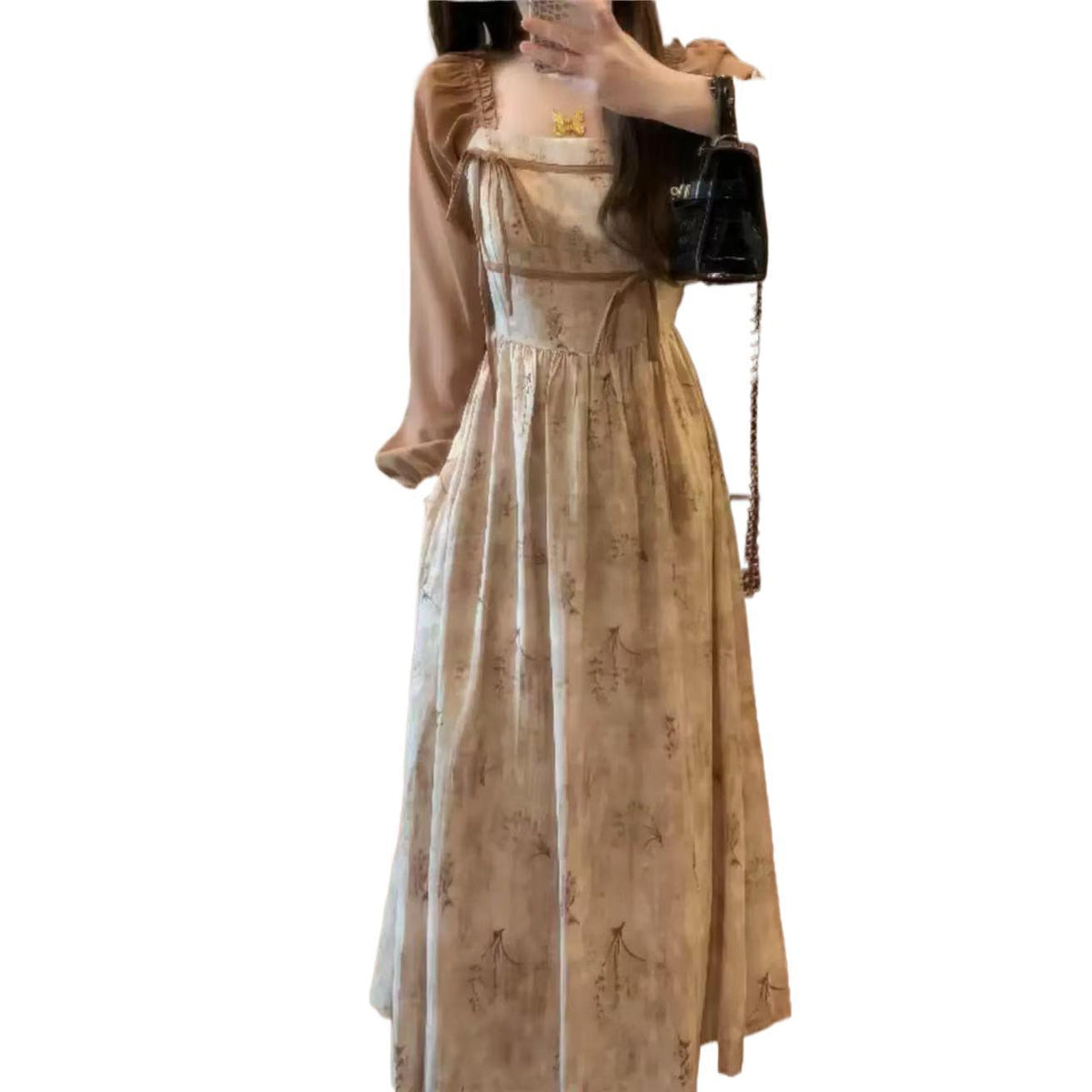 Large-Size Fat Mm Retro High-End Feeling Super Good-Looking Two Tea Break Flower Dress Niche Does Not Hit The Long Skirt