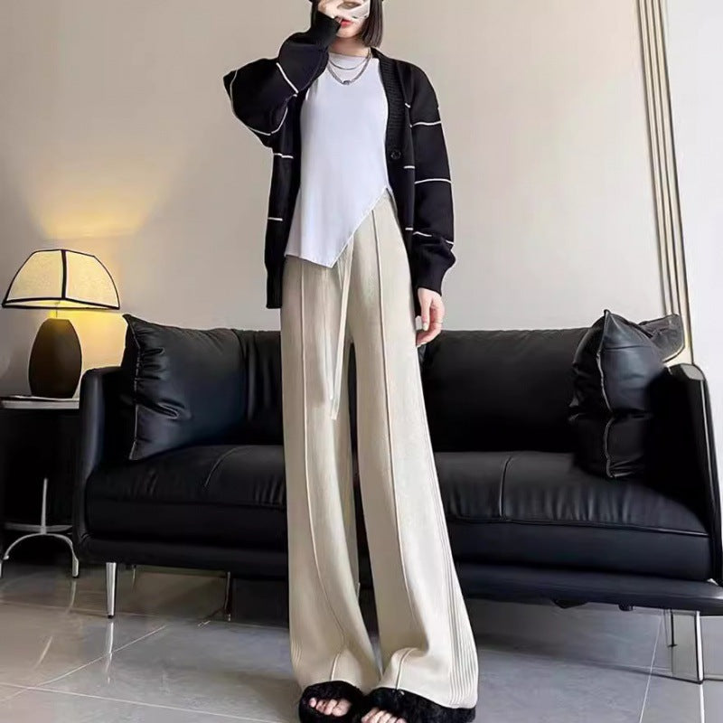 KANING Tight Waist Knitted Broad Leg Pants Women 2026 Autumn New High-Waist Design Feeling Solid Color Knitted Wool Trousers