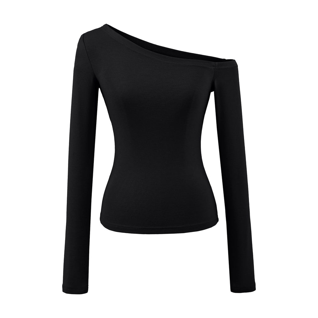 Solid Color Oblique Shoulder Shoulder-To-Shoulder Knitted Long-Sleeved Hottie Design Feel Bottom Blouse T-Shirt
