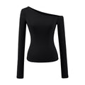 Solid Color Oblique Shoulder Shoulder-To-Shoulder Knitted Long-Sleeved Hottie Design Feel Bottom Blouse T-Shirt