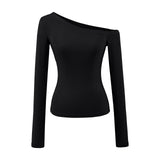 Solid Color Oblique Shoulder Shoulder-To-Shoulder Knitted Long-Sleeved Hottie Design Feel Bottom Blouse T-Shirt