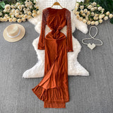 Cummel Senior Sentender Diamond Long Sleeve Dress Women's Autumn Netɴ Ribbon-Repair Elegant Dress