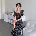 French Floral Dress Women's Summer Collar Bubble Sleeve Open Forked Waist Temperament Tea Break Long Skirt