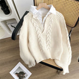 Sweater Autumn And Winter Splicing Women's Shirt Wearing Design Sense Of A Small Collar Loose Jasmine Knitted Shirt Two