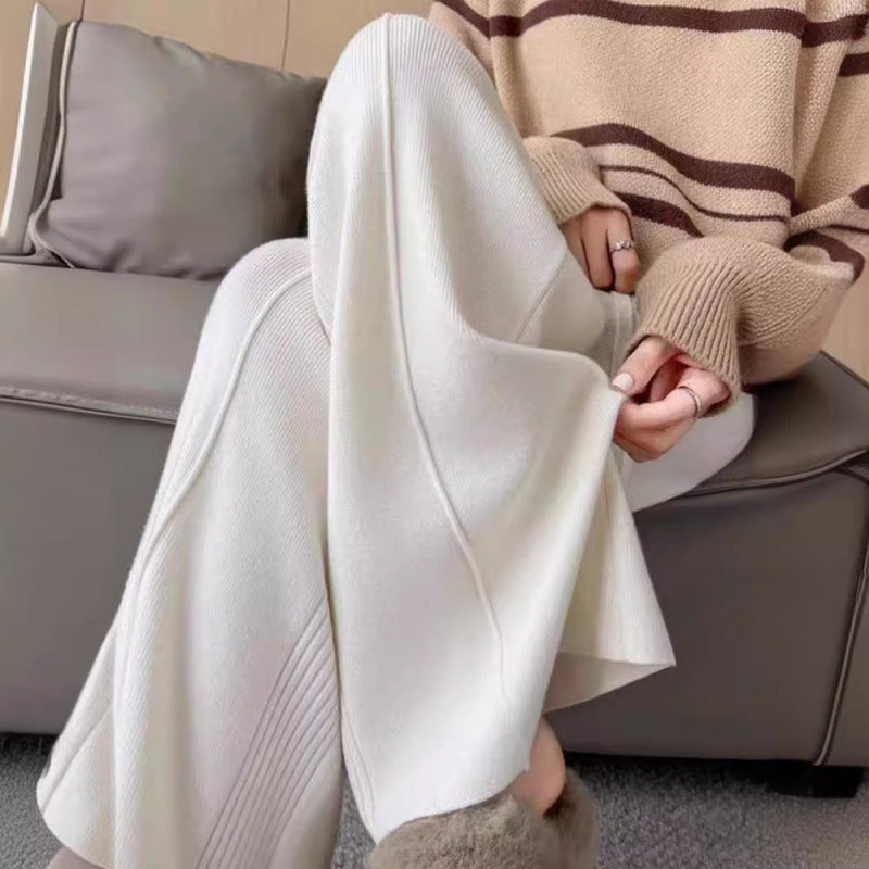 KANING Tight Waist Knitted Broad Leg Pants Women 2026 Autumn New High-Waist Design Feeling Solid Color Knitted Wool Trousers