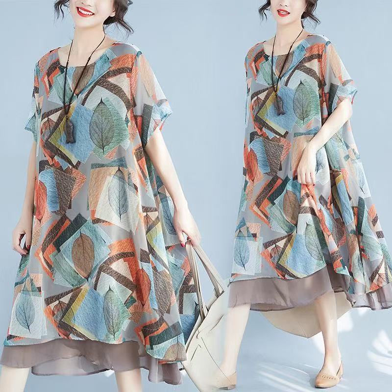 Chiffon Crash Dress Summer New Large Size Women's Fat Mm Loose Belly Middle-Native Mother Casual Dress