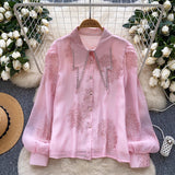 French Light Luxury Heavy Industry Diamond-Stitched Collar Lantern Sleeve Shirt Women's Fashion Glide Embroidery Single Buckle Cardigan Women's Top