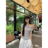 40 Pure Cotton Ribs Niche Design With Slanted Shoulder Short-Sleeved T-Shirt For Girls Summer Hottie Body-On-Striped Blouse