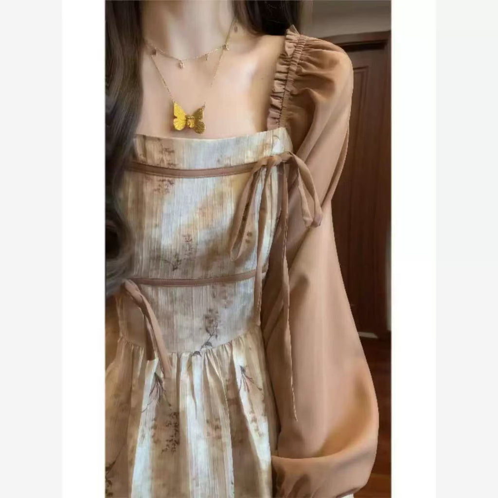 Large-Size Fat Mm Retro High-End Feeling Super Good-Looking Two Tea Break Flower Dress Niche Does Not Hit The Long Skirt