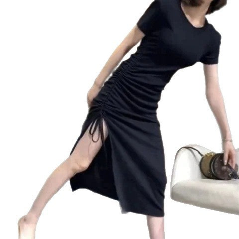 2025 New Summer Elastic Repair Arm Ion With Side Open Fork Long Dress Women's Short-Sleeved T-Shirt Drawer