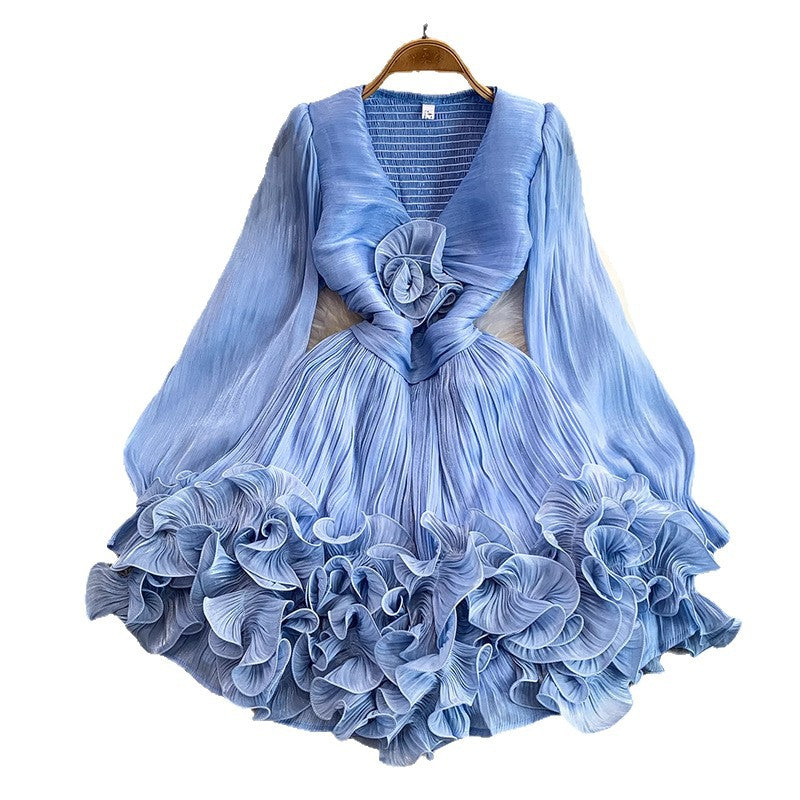 Net Red Niche High-Level Flow Light Tulle V-Neck Dress Female Heavy Industry Ponphysolious Three-Dimensional Lotus Leaf Side Skirt