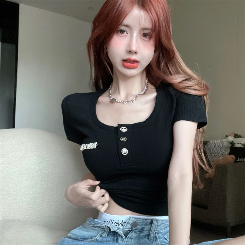 Summer Pure Style Sexy Button U Collar Short-Sleeved T-Shirt Design Design Slimming Chic Top