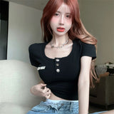 Summer Pure Style Sexy Button U Collar Short-Sleeved T-Shirt Design Design Slimming Chic Top
