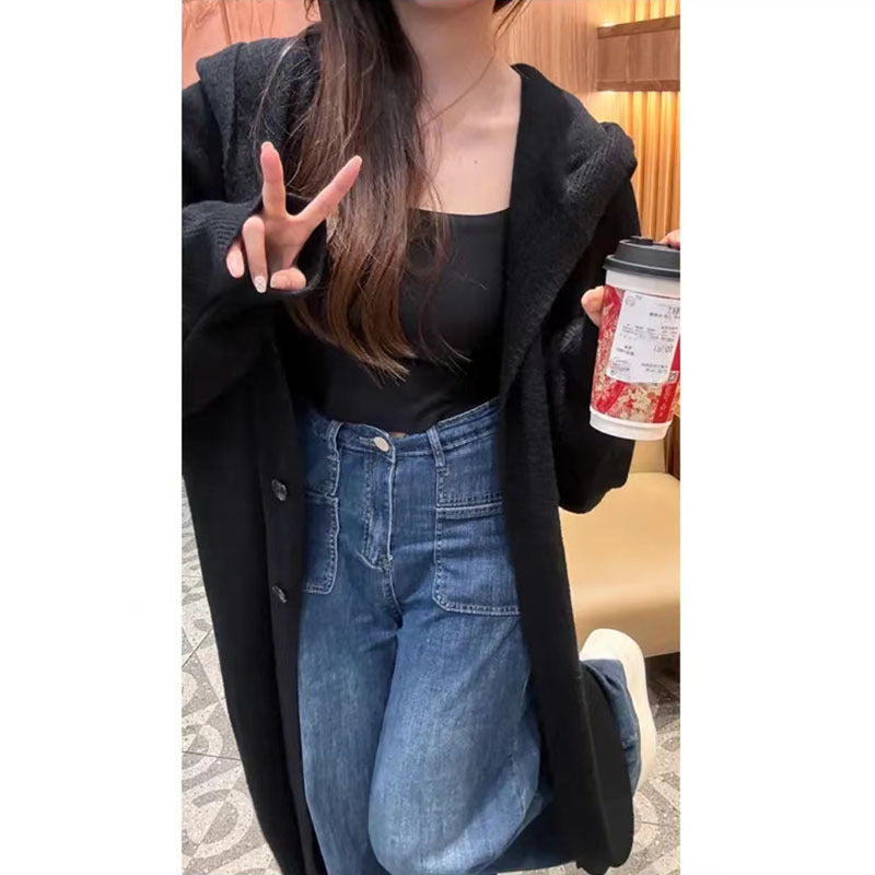 KANING Korean Languid Hooded Long Over-Knee Knitted Cardigan Women's Winter Dress Thick Loose Thin Coat