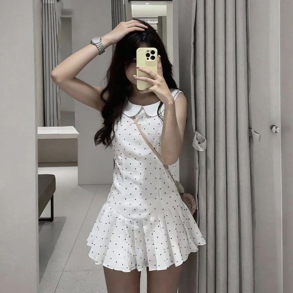 French Style Temperament White Wave Dot Doll Collar Vest Dress Girl Small Waist Thin 100-Fold Short Skirt