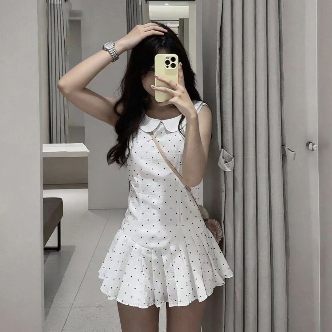 French Style Temperament White Wave Dot Doll Collar Vest Dress Girl Small Waist Thin 100-Fold Short Skirt