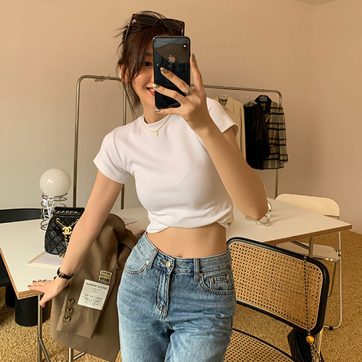 Solid Color Bottom Slim Short-Sleeved T-Shirt Women Summer Tide New Thin Short-Sleeved Top Woman